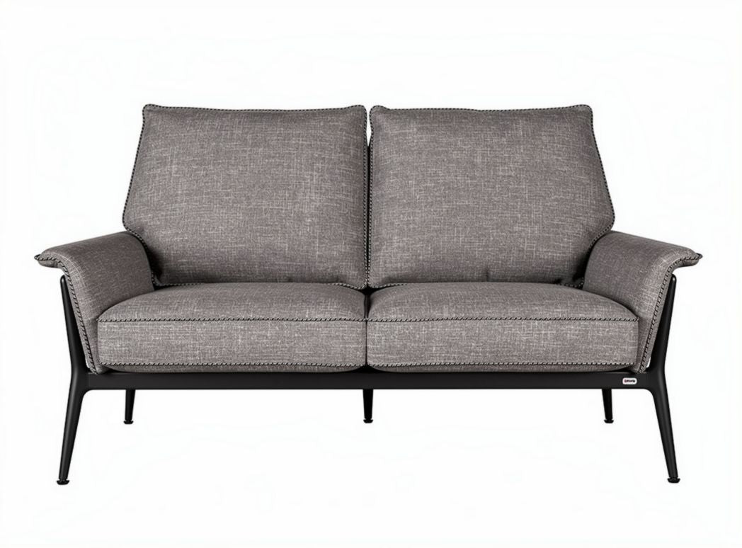 Outdoor two-seater sofa with gray fabric cushions and metal frame 150 x 80 x 75cm