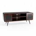 Modern wooden media console in dark walnut finish with storage shelves