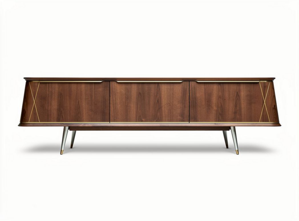 Walnut wood media console with gold accents 200 x 40 x 60cm