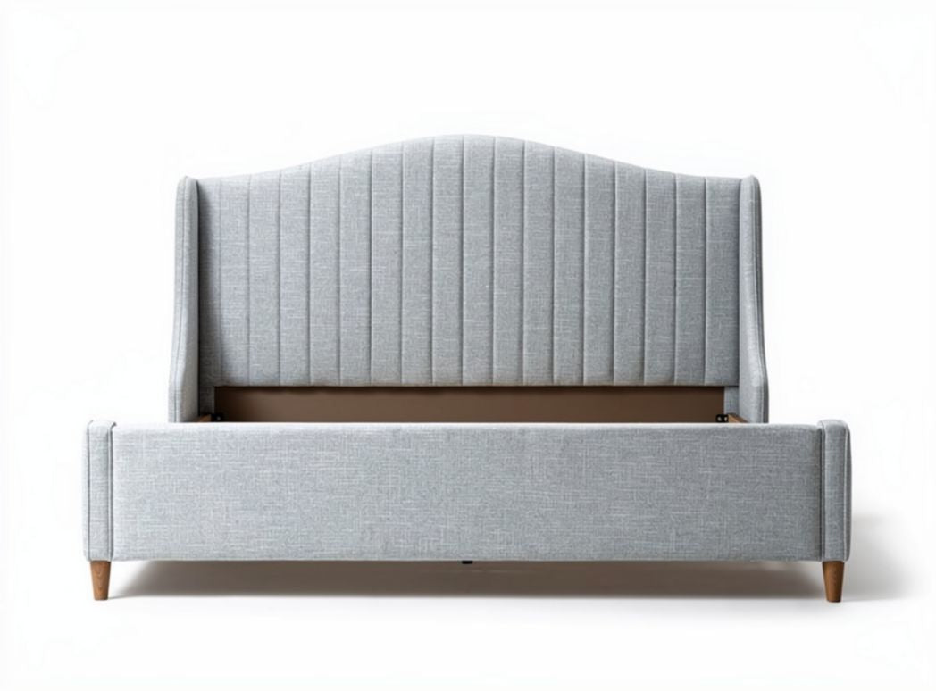 Upholstered gray fabric bed frame with storage space and wingback design 200 x 100 x 90cm
