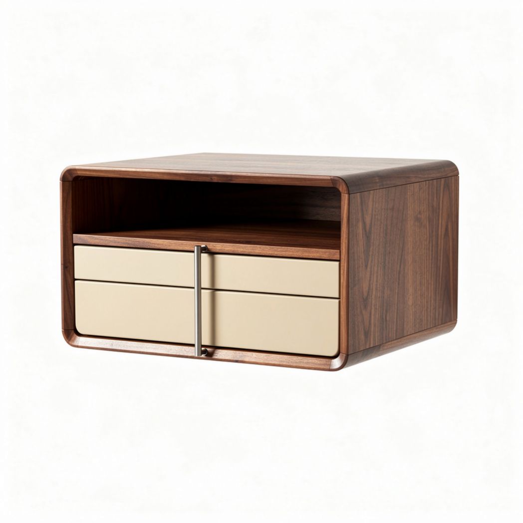 Wooden nightstand with two drawers and open shelf in walnut finish