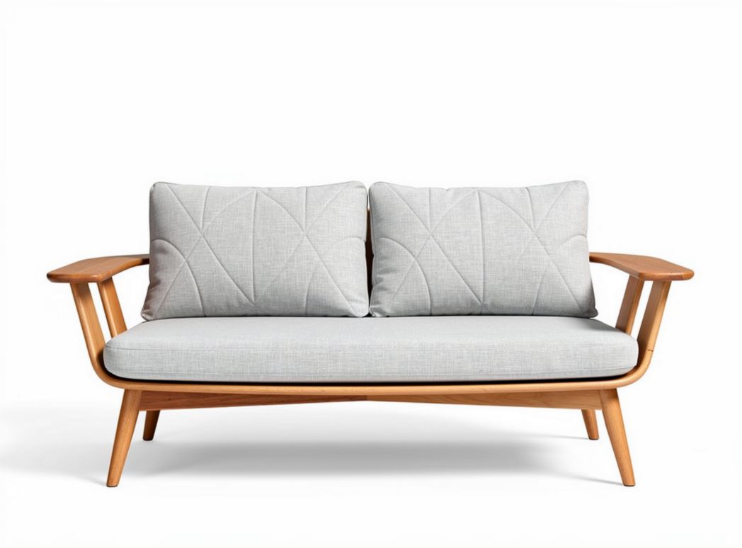 Wooden frame sofa with gray fabric cushions for living room use 150 x 80 x 70cm